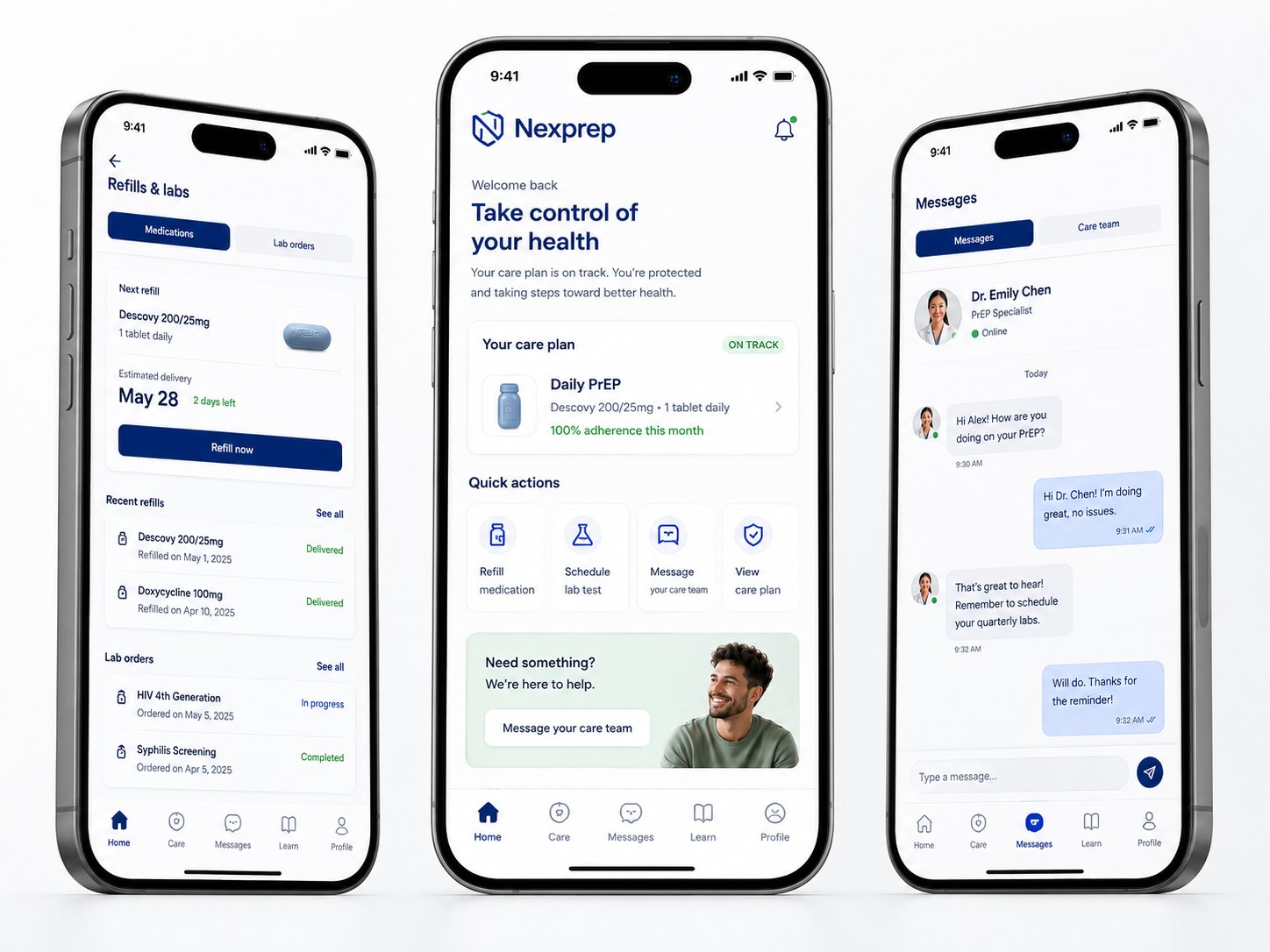 Nexprep app screens showing refills, home dashboard, and messages