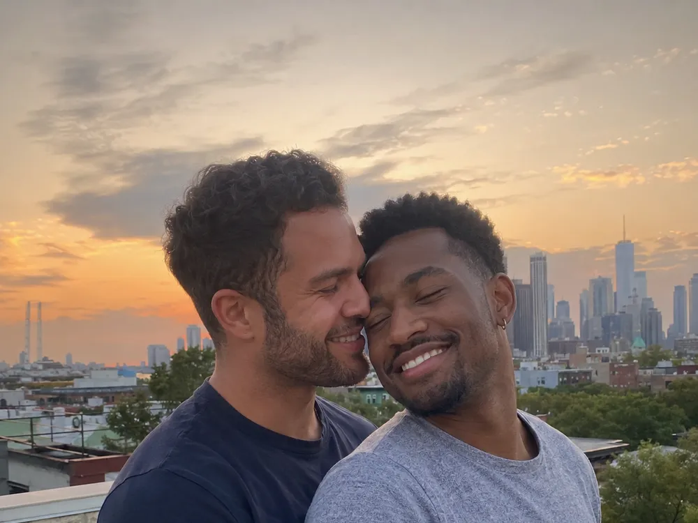 A couple sharing a relaxed moment together outdoors at sunset